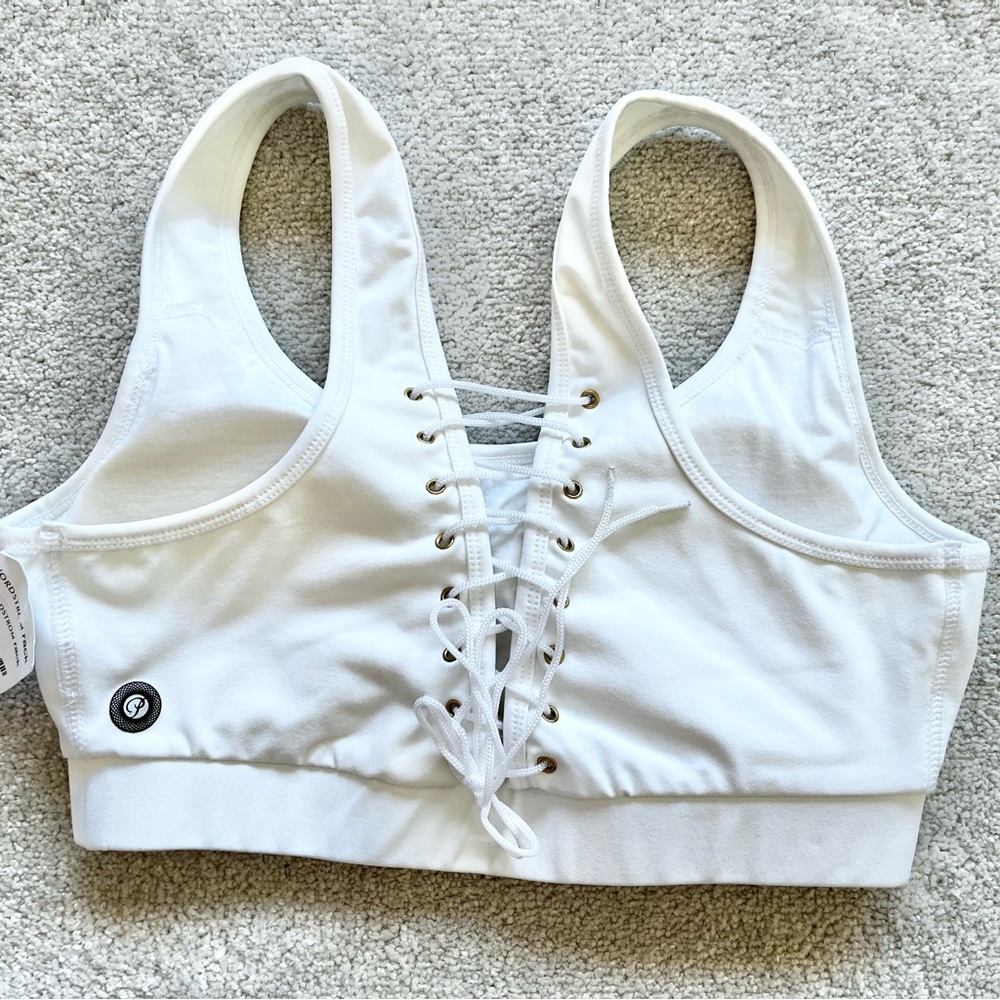 PRJON ATHLEISURE WHITE LACE UP BACK SPORTS BRA SIZE MEDIUM GYM ATHLETIC - Picture 3 of 7